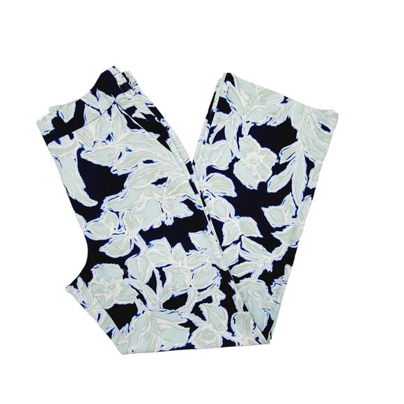 Natori Floral Wide Leg Pull-On Pants Navy Blue Green - Size M - Picture 1 of 6